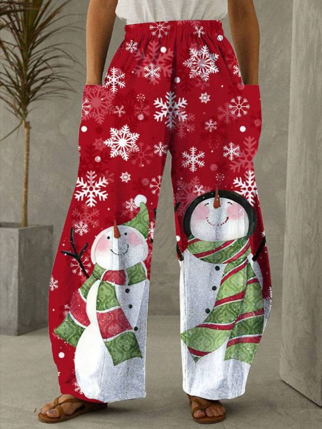 Christmas Snowman Print Casual Loose Pants