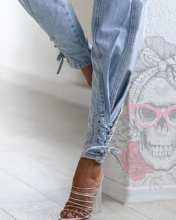 High-waisted Slim Stitching Beam Jeans