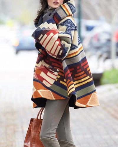 Long-sleeved Hooded Printed Woolen Coat