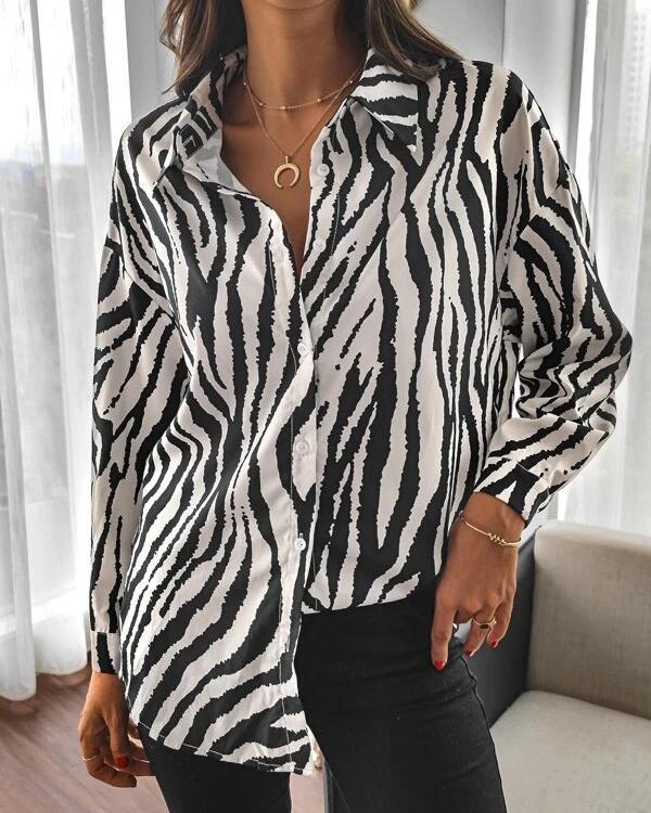 Fashion Striped Lapel Loose Long Sleeve Shirt