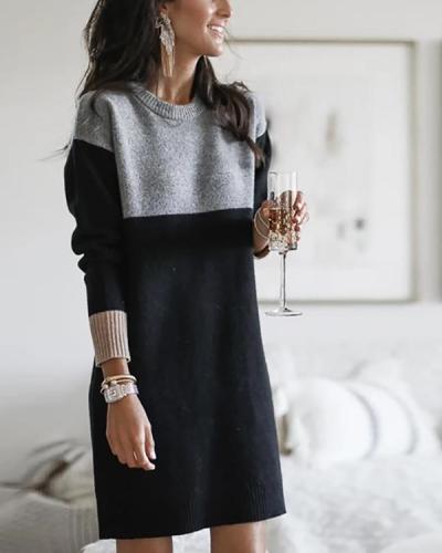 Loose Stitching Round Neck Long Sleeve Dress