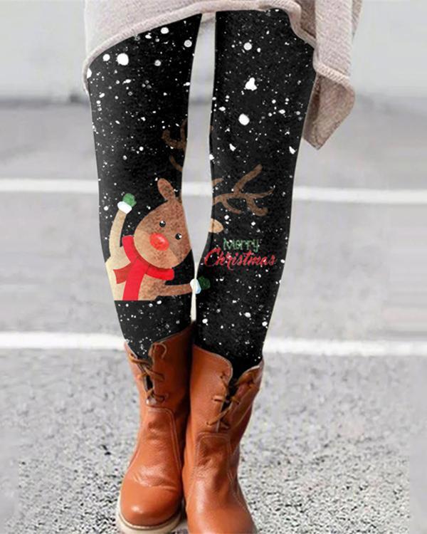 Women Christmas Deer Print Tight Pants & Leggings