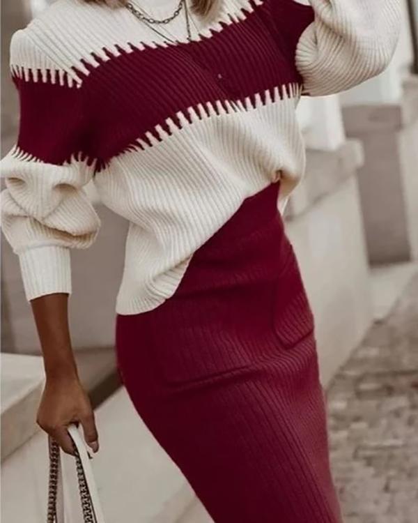 Women Fashion Knit Sweater And Skirt Two Piece Set