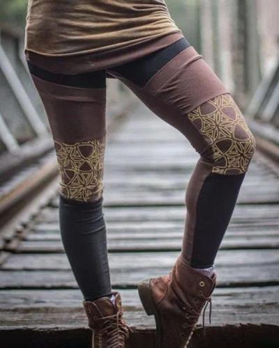 Women Vintage Stitching Print Fit Leggings & Pants