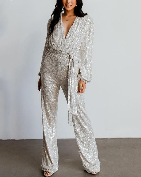 Sequin Draped Belted Puff Sleeve Wide Leg Jumpsuit