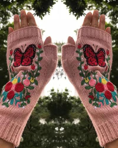Embroidered Butterfly Flower Knitted Gloves Handwarmers