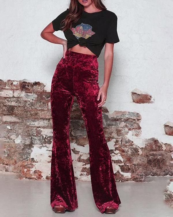 Elastic Waist Plain Velvet Pants