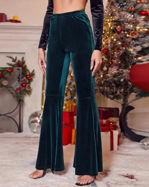 Elastic Waist Plain Green Velvet Pants