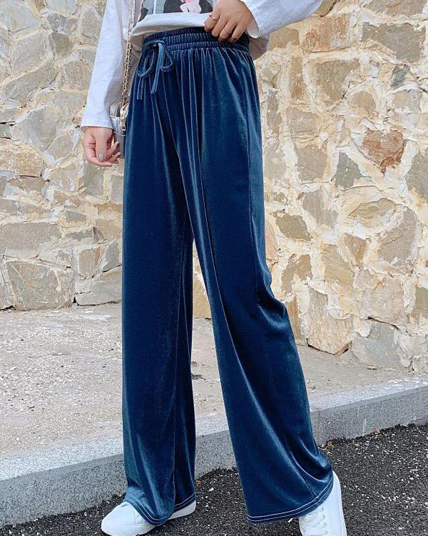 Elastic Waist Plain Loose Velvet Pants