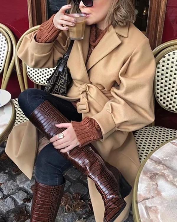 Women Fashion Lepal Neck Long Camel Woolen Coat