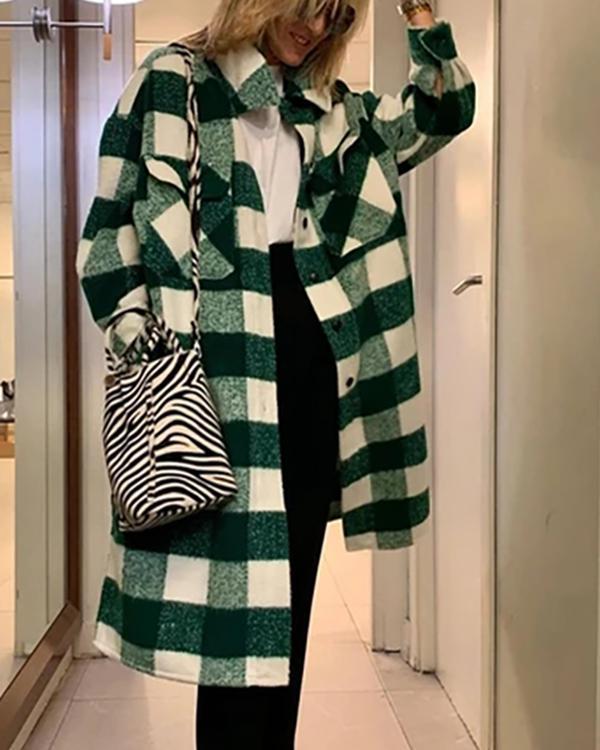 Women Green Long Plaid Coat