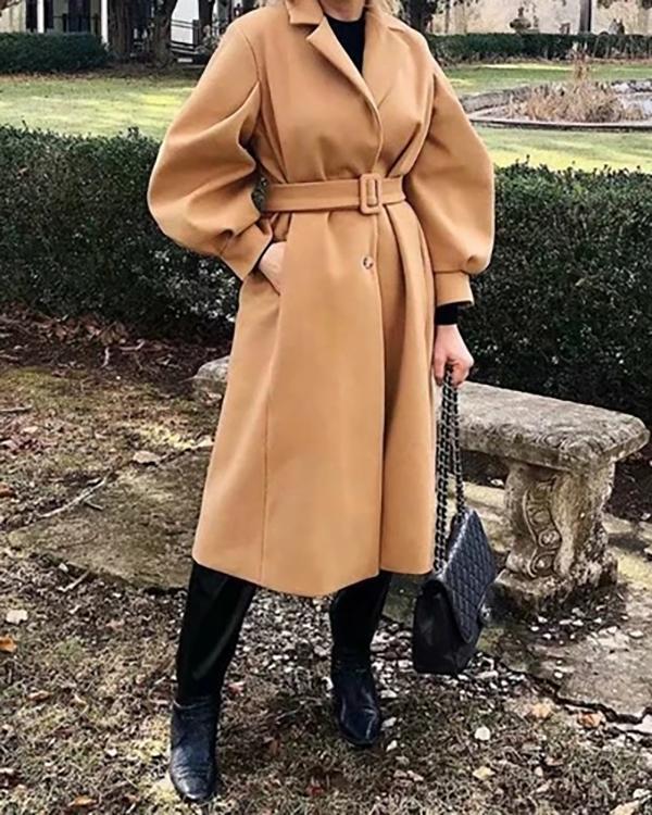 Women Fashion Lepal Neck Long Camel Woolen Coat