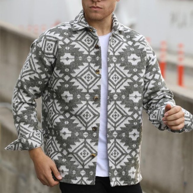 Lapel Brushed Ethnic Totem Shirt Jacket