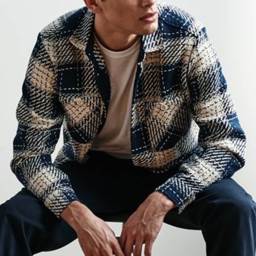 Men's fashion retro casual plaid shirt jacket