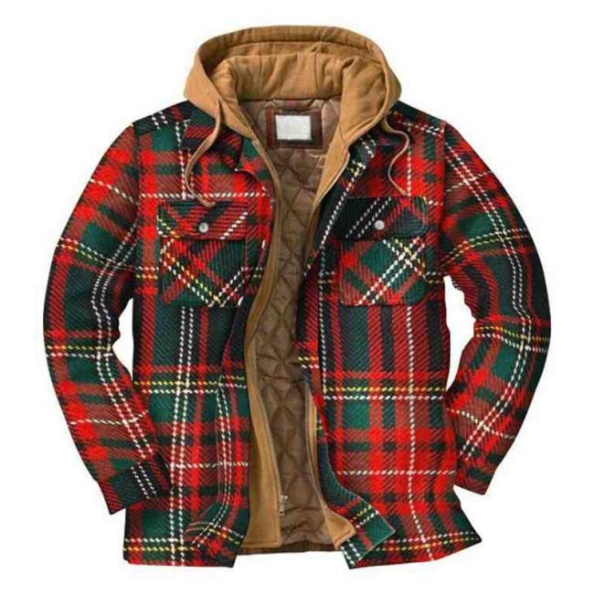 Men's Checkered Textured Winter Thick Hooded Jacket