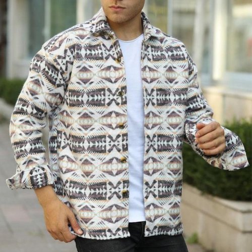 Lapel Brushed Ethnic Totem Shirt Jacket