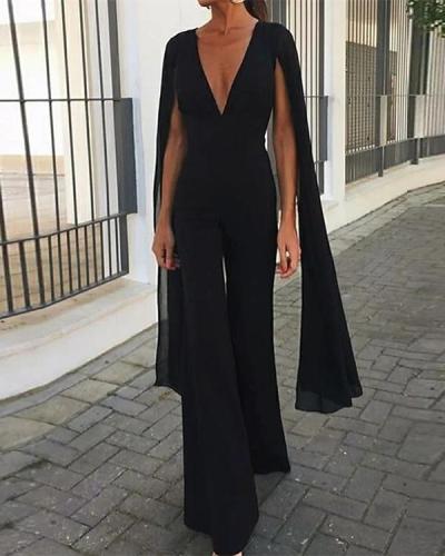 Elegant V Neck Long Sleeve Floor Length Chiffon Jumpsuits