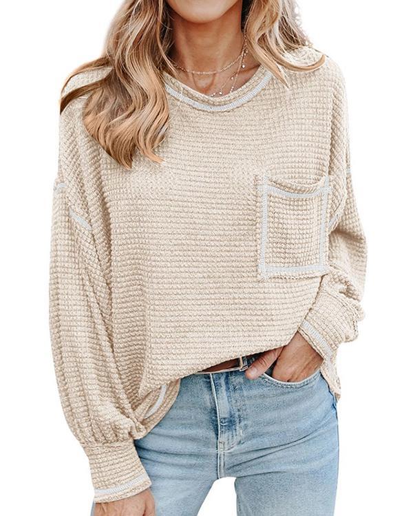 Women Loose Casual Top With Waffle Drop Sleeves