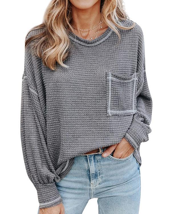 Women Loose Casual Top With Waffle Drop Sleeves