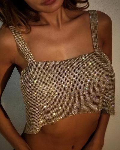Women's Sexy strapless strapless metallic rhinestone sequined bra top S-L