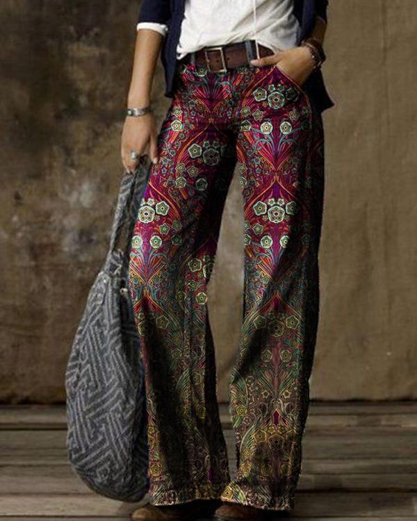 Casual Vintage Floral Printed Pants