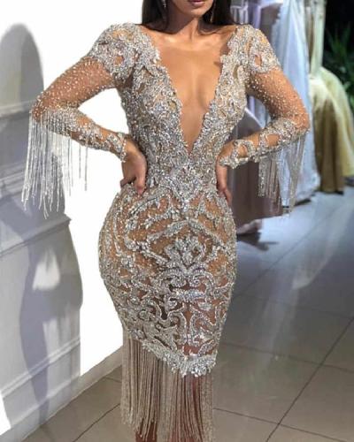 Women  Long Sleeve Deep V Flash Gold Maxi Dress Dress S-XXXL