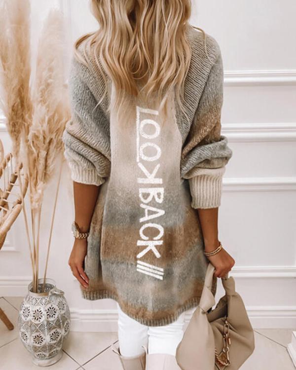 Casual Hooded Print Long Knit Sweater cardigan with Pockets