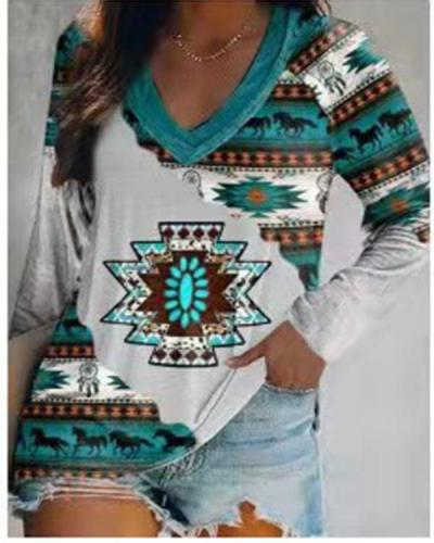 Women's Ethnic Style Printed Long-sleeved Tops S-5XL