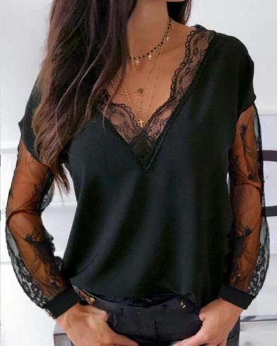Women's Long Sleeve Lace Stitching V-neckTops S-XL