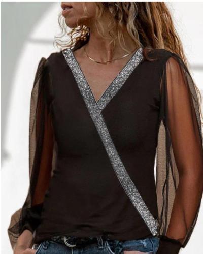 Women's Long Sleeve Lace Stitching V-neckTops S-3XL