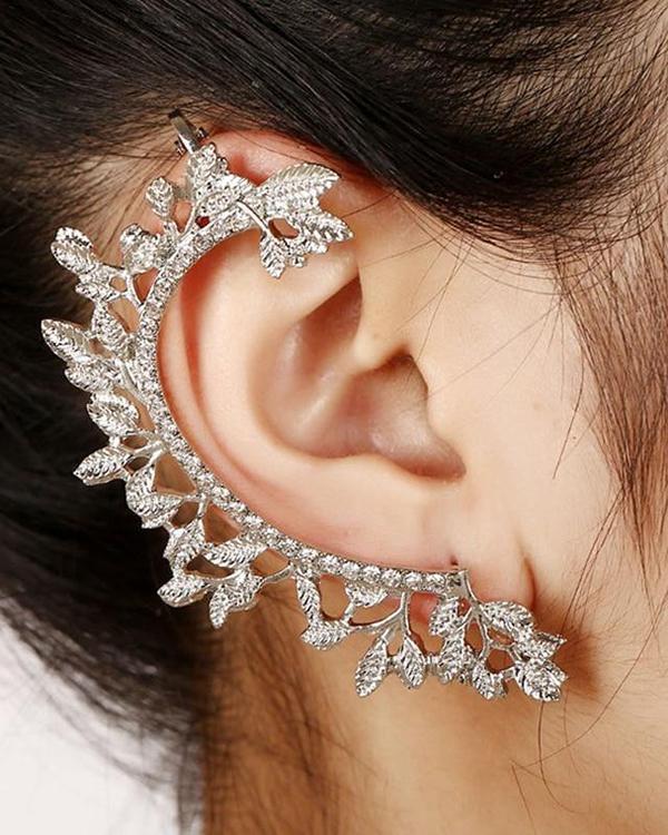 Leaf Curved Rhinestone Ear Cuff Clip Earring