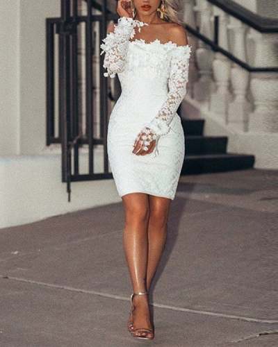 Women Sexy One-shoulder Lace Long-sleeved Dress S-XL