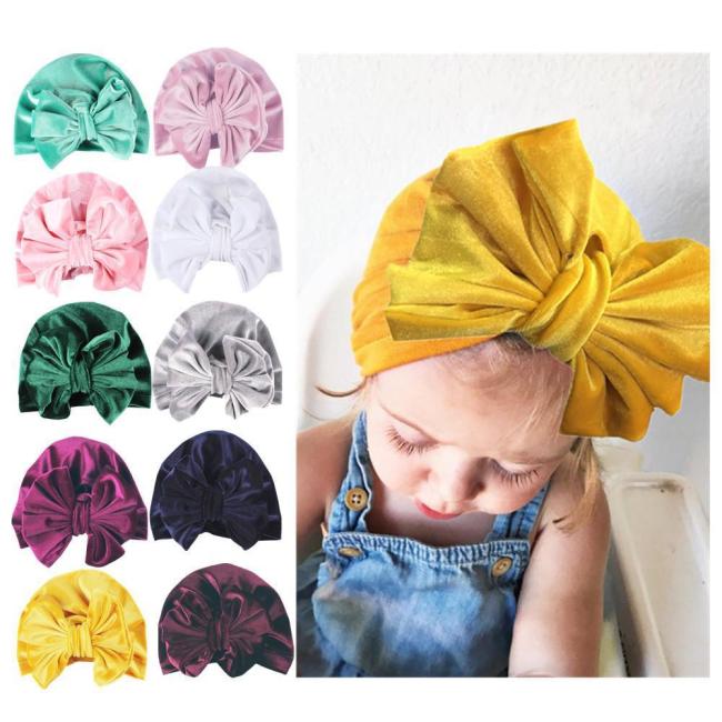 Children's golden velvet Indian hat bow baby hat