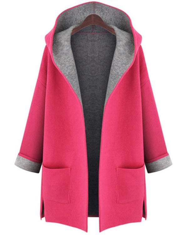 Women Hooded Patch Pocket Woolen Color Block Outerwear M-5XL