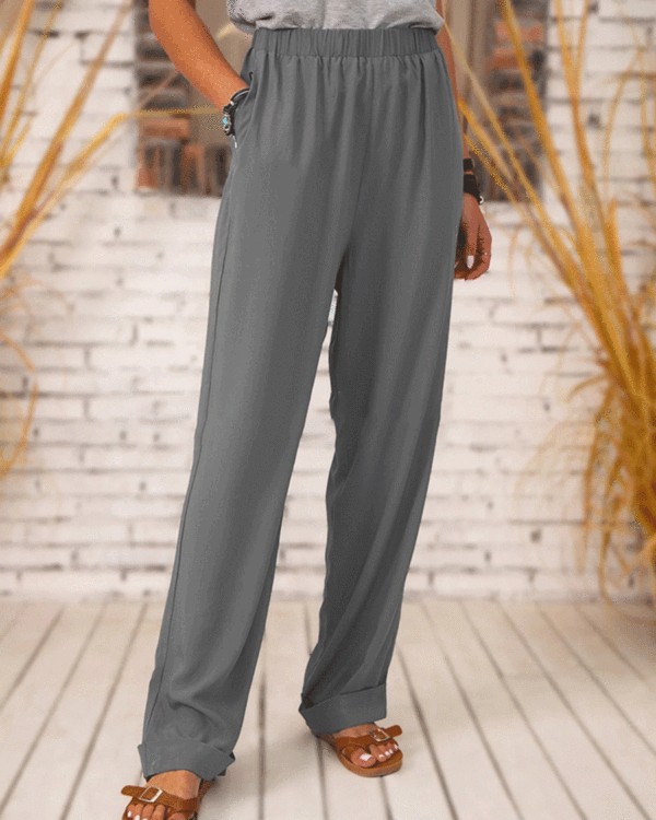 Women's Solid Color Elastic Waist Long Loose Casual Straight-leg Pants S-4XL