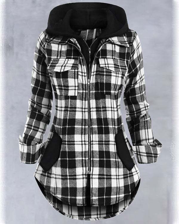 Women Loose Casual Plaid Printed Cardigan Hooded Coat Outerwear S-5XL
