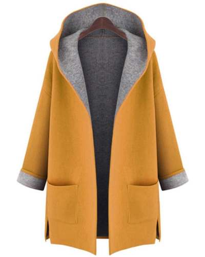 Women Hooded Patch Pocket Woolen Color Block Outerwear M-5XL