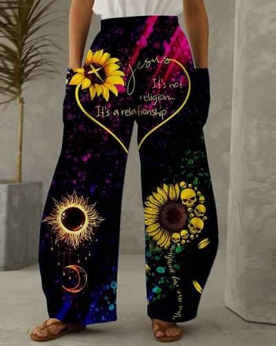 Women's Retro Casual Loose Long Love Print Pants S-5XL