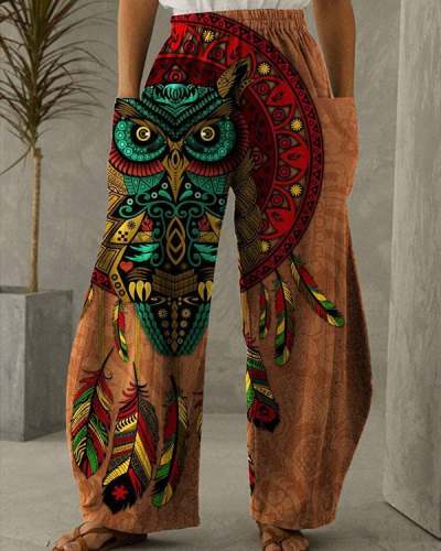 Women's Dreamcatcher Feather Owl Print Vintage Casual Loose Pants S-5XL