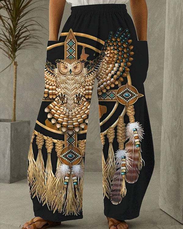 Women's Vintage Owl Dreamcatcher Feather Print Loose Pants S-5XL