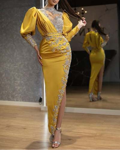 Women's Elegant Applique Embroidery Draped Design Asymmetric Sequined Long Skirt Evening Dress S-XXXL