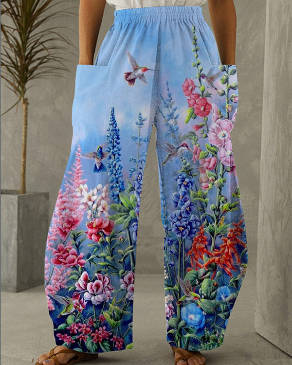 Women's Floral Hummingbird Print Casual Pants S-5XL