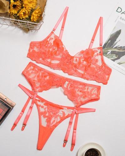 Orange Flower Embroidered Lace Lingerie Set