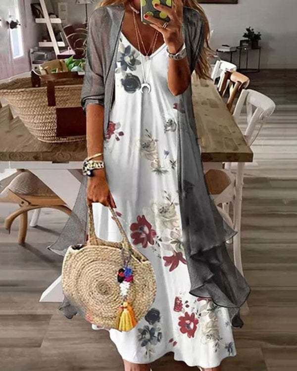 Two-piece Casual V-neck Printed Maxi Dress S-3XL