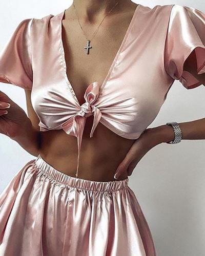 Sexy V-neck Pink Silk Pajamas