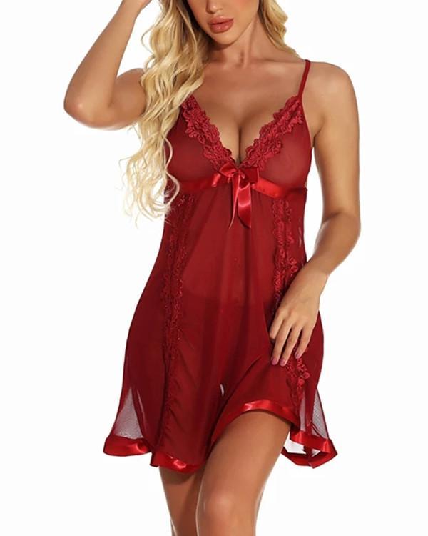 Women's Lace Backless Bow Suits Nightwear Solid Colored Wine