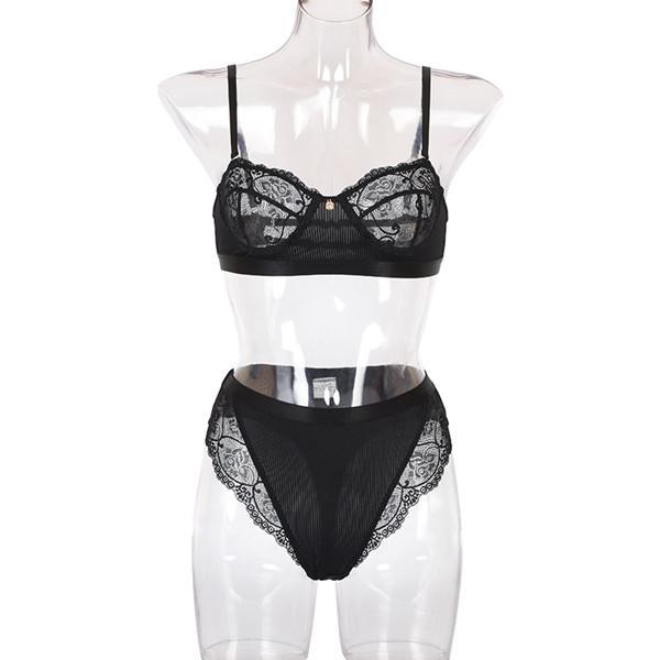 Black Sexy Lace Detail Bralette & Panties Set