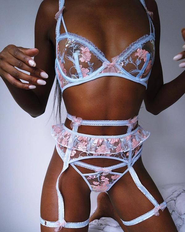 Flower Embroidered Lace Lingerie Set