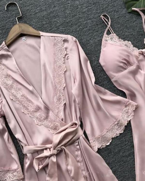 Satin Lace Trim 2PCS Sleepwear Sets