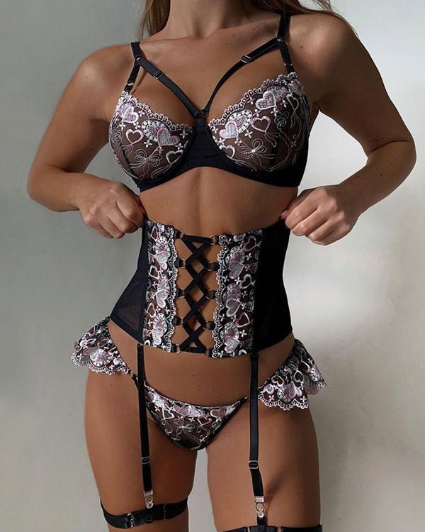 Embroidered Lace Up Waist Trainer Lingerie Set